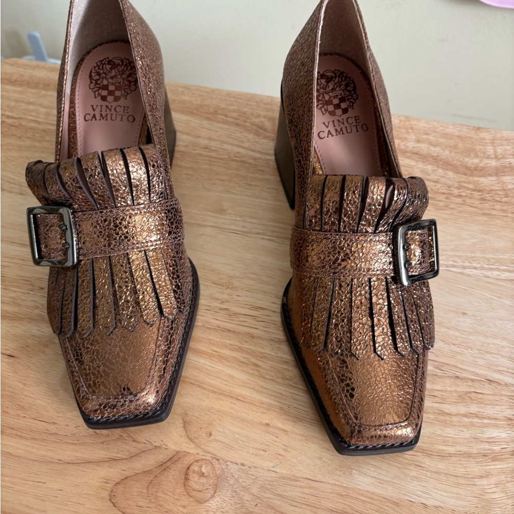 Vince Camuto Metallic Bronze Fringe Loafers with Buckle